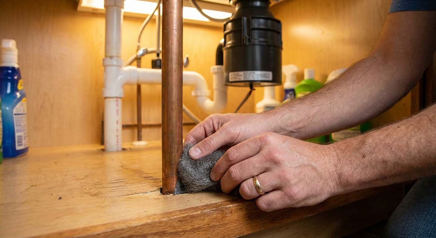 A real photo of hands sealing a small gap under a kitchen sink with steel wool