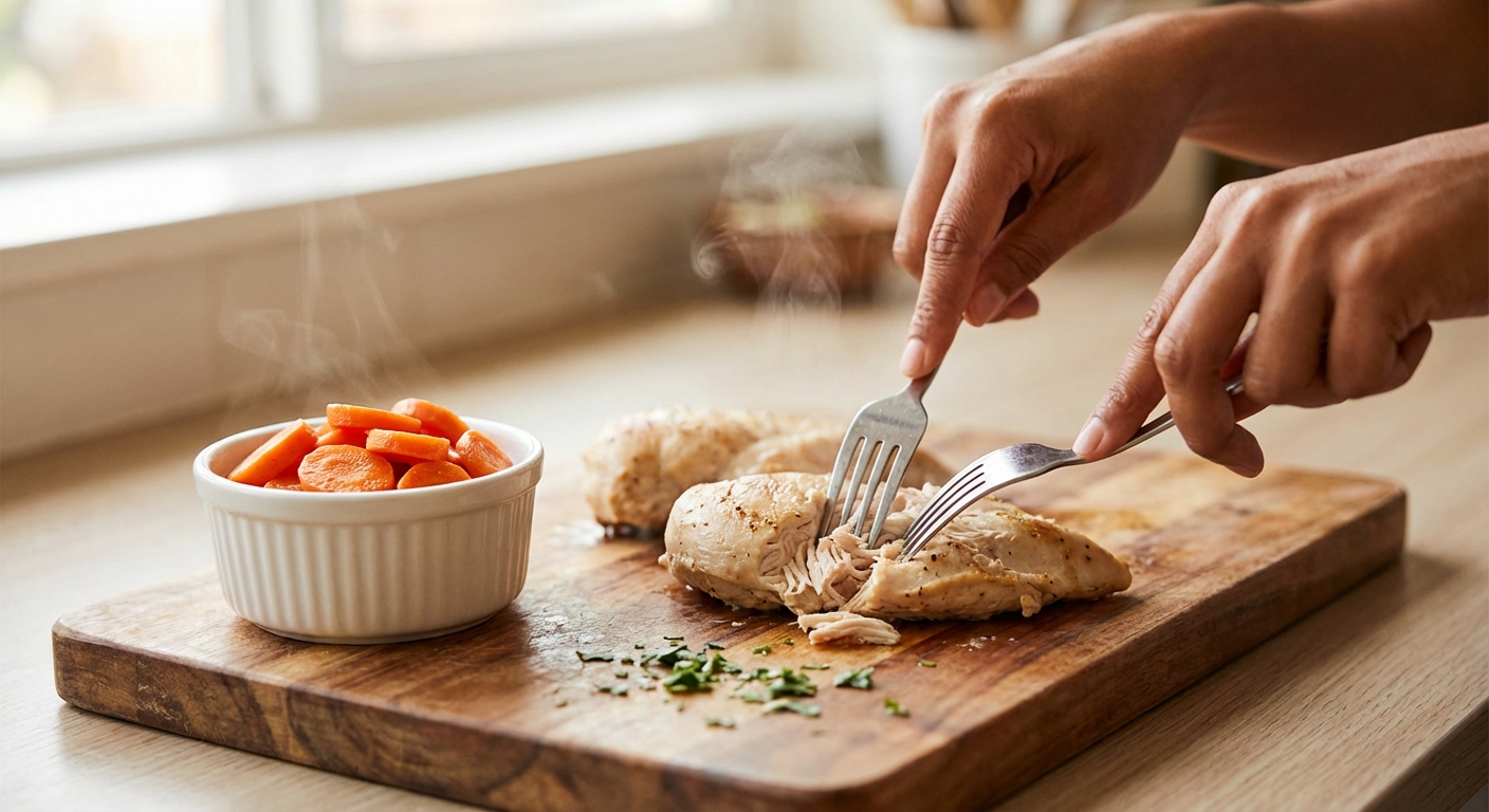 A real photo of hands shredding cooked chicken over a cutting board with a bowl of cooked carrots nearby