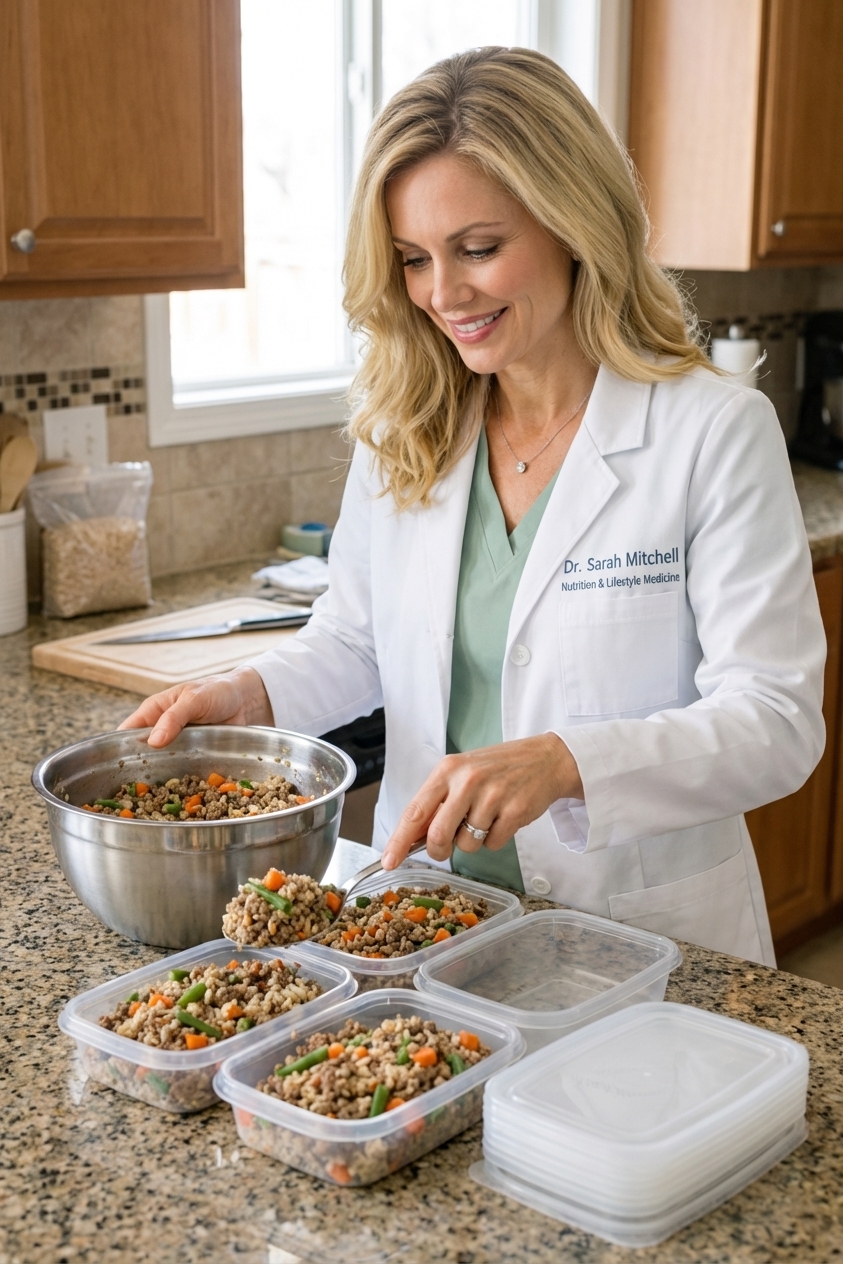 A real photo of hands spooning homemade dog food into several clear meal-prep containers on a kitchen counter, with lids ready for refrigeration