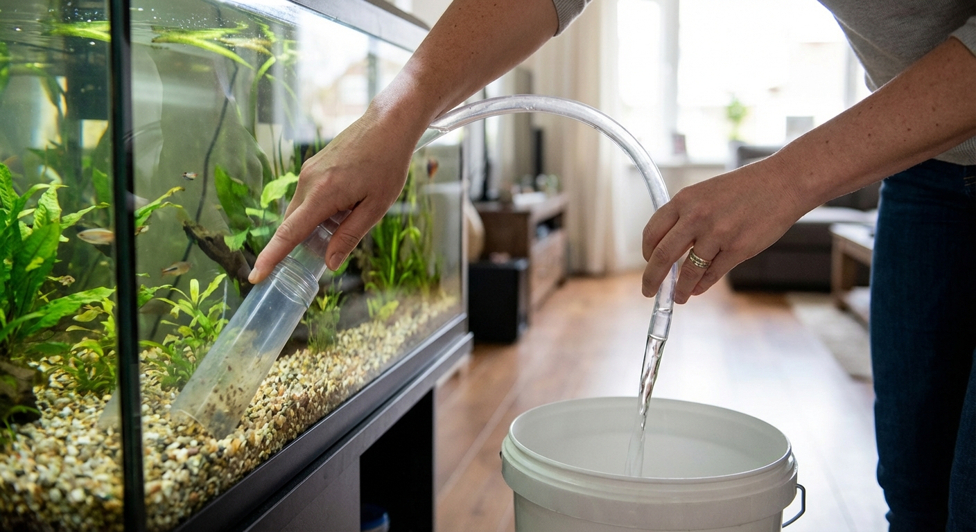 A real photo of hands using a gravel vacuum siphon to remove water from an aquarium into a bucket on the floor