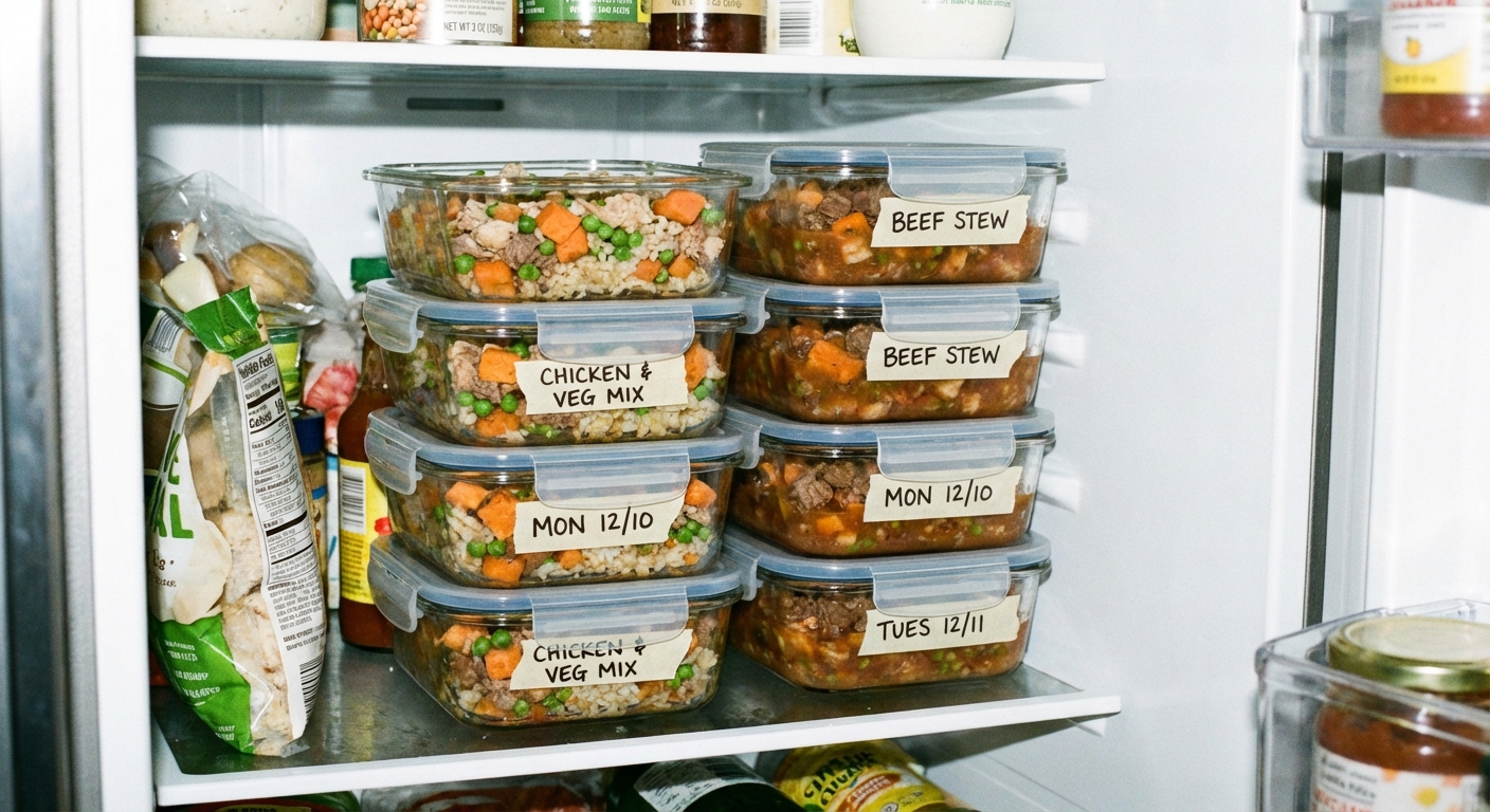 A real photo of labeled glass containers filled with homemade dog food stacked neatly in a refrigerator