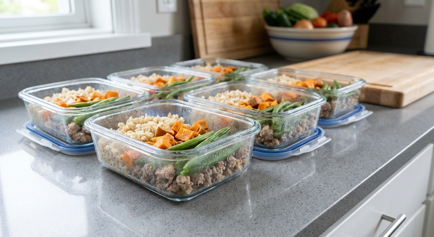 A real photo of meal-prep containers filled with homemade dog food portions cooling on a kitchen counter