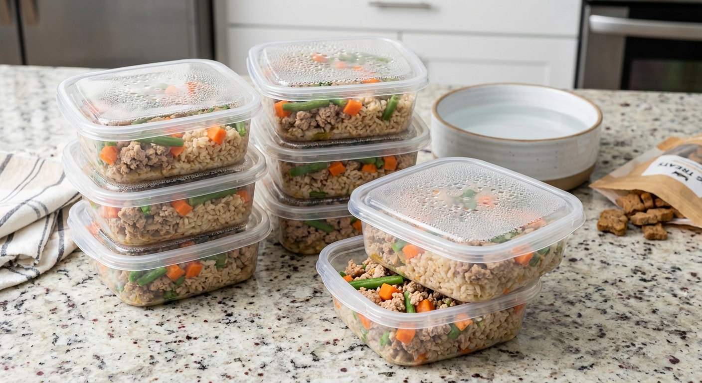 A real photo of meal-prep containers filled with homemade dog food cooling on a countertop