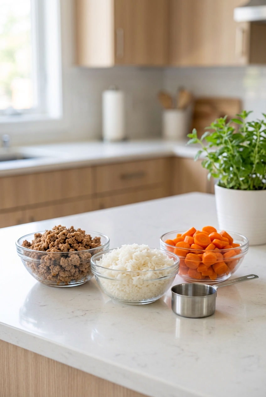 A real photo of measured ingredients including cooked ground turkey, cooked rice, and chopped steamed carrots on a kitchen counter