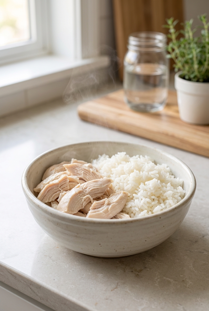 A real photo of plain boiled chicken and white rice in a simple ceramic bowl on a countertop