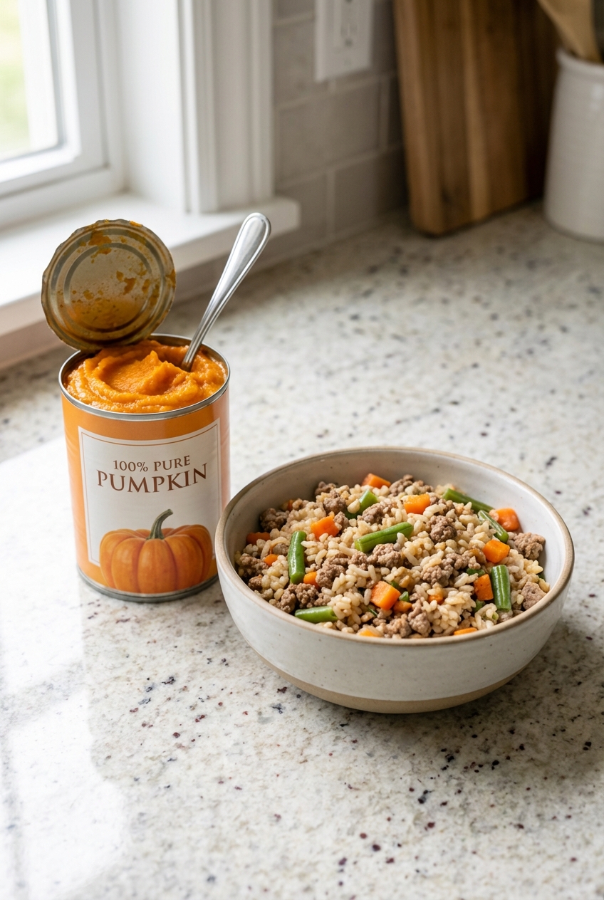 A real photo of plain canned pumpkin next to a bowl of homemade dog food on a kitchen counter