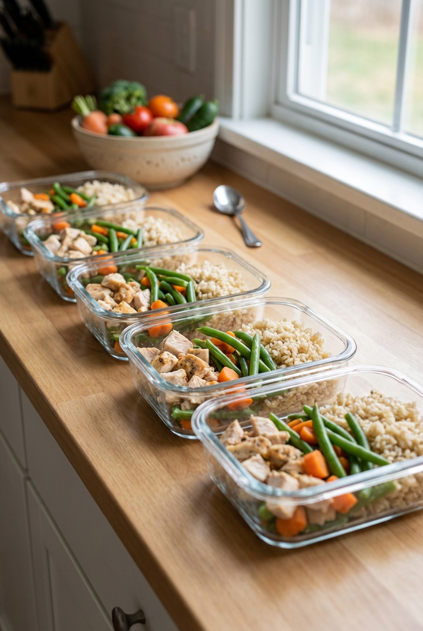 A real photo of portioned homemade dog food in clear containers lined up on a kitchen counter