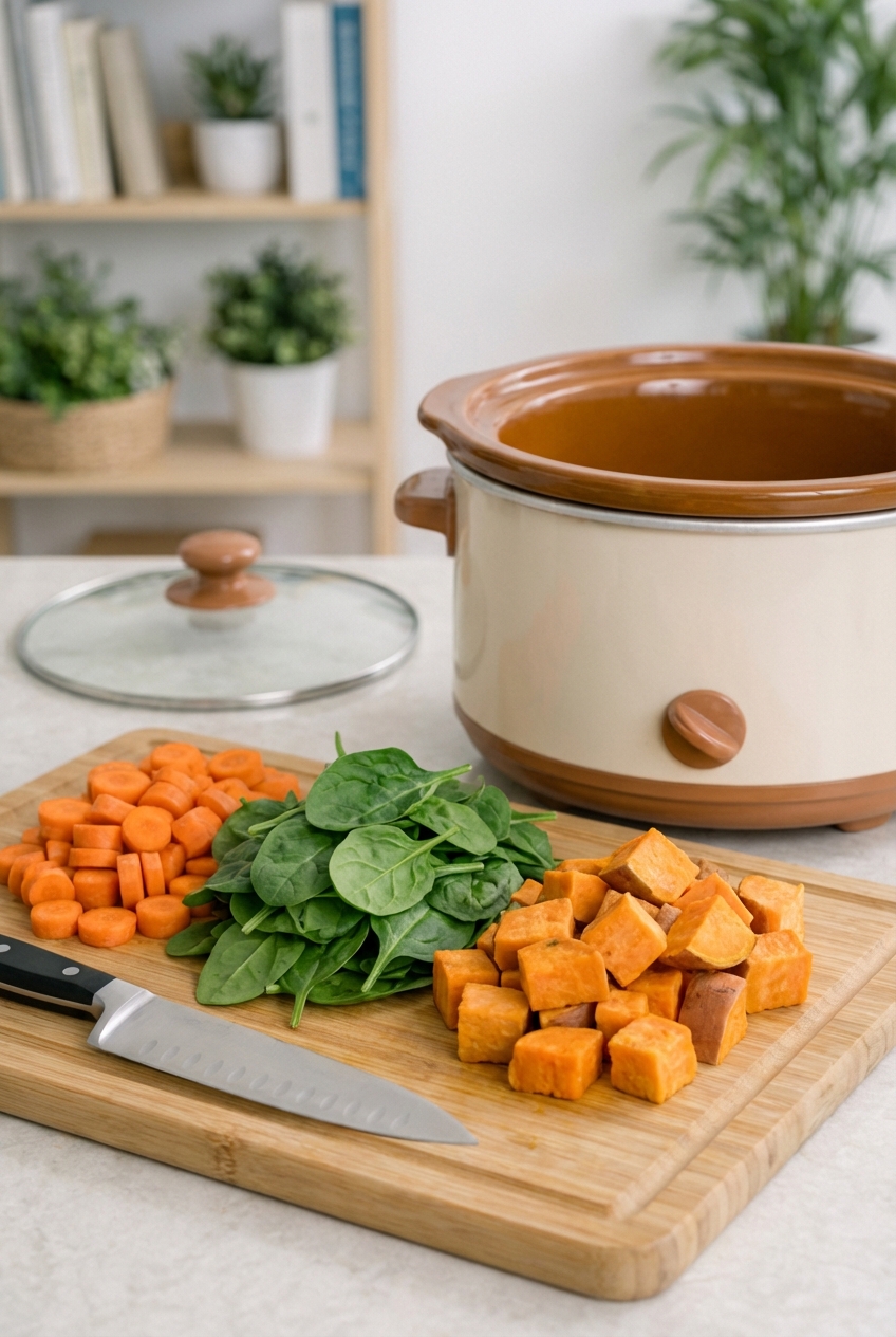 A real photo of prepped dog-safe ingredients on a cutting board including carrots, spinach, and cooked sweet potato next to a slow cooker