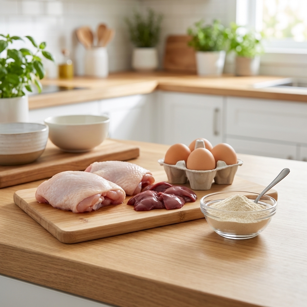 A real photo of raw cat-safe ingredients on a kitchen counter: chicken thighs, chicken liver, eggs, and a small bowl of powdered supplement