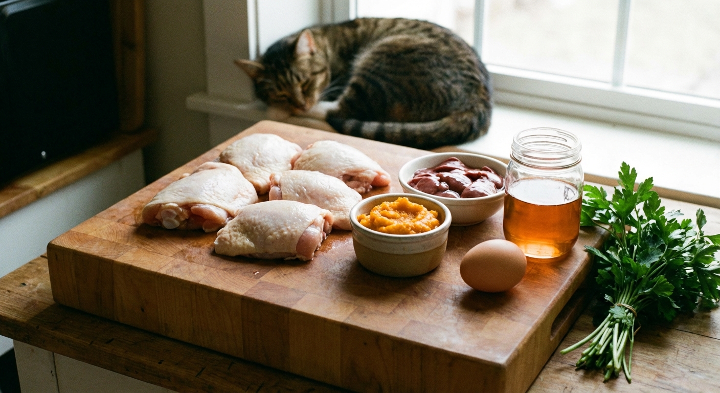 A real photo of raw ingredients for cat food on a kitchen counter, including chicken thighs, a small bowl of pumpkin puree, and an egg