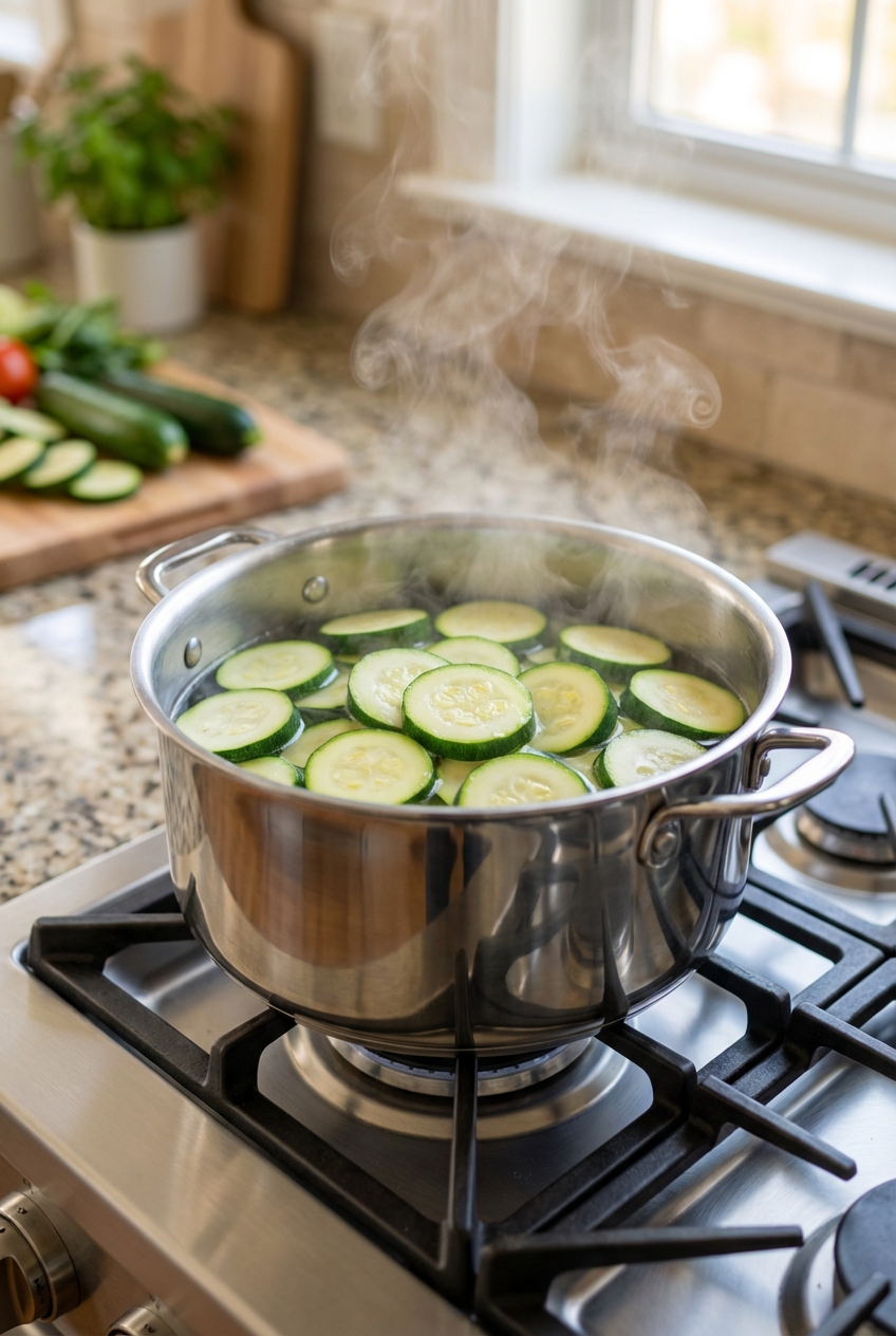 A real photo of sliced zucchini steaming in a stainless steel pot on a kitchen stove