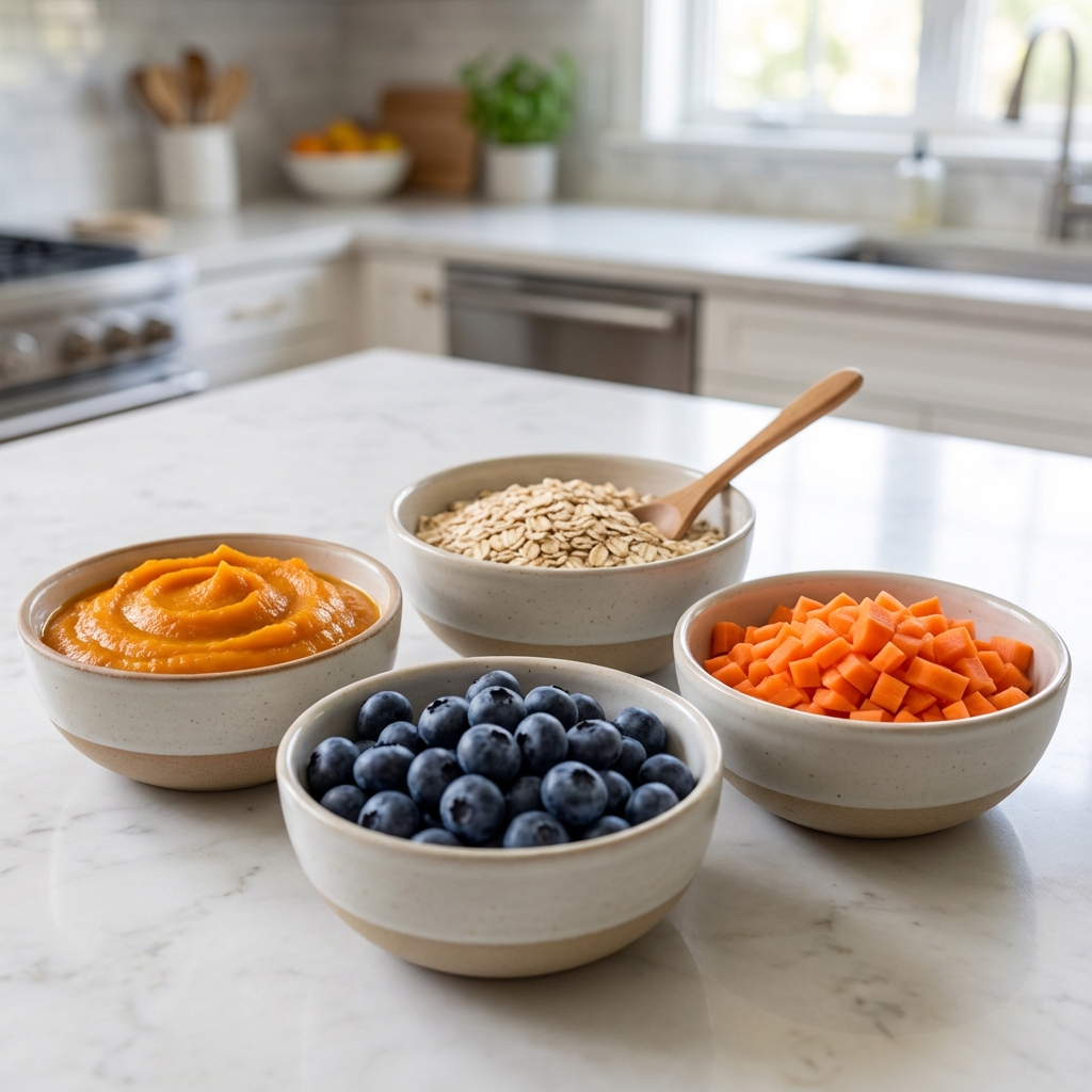 A real photo of small bowls on a countertop containing pumpkin puree, oats, blueberries, and chopped carrots