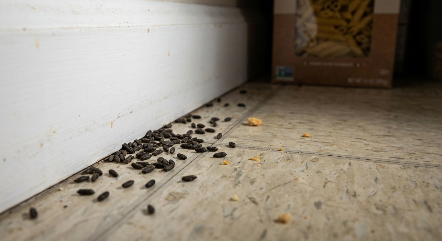 A real photo of small dark mouse droppings along a pantry baseboard in a kitchen