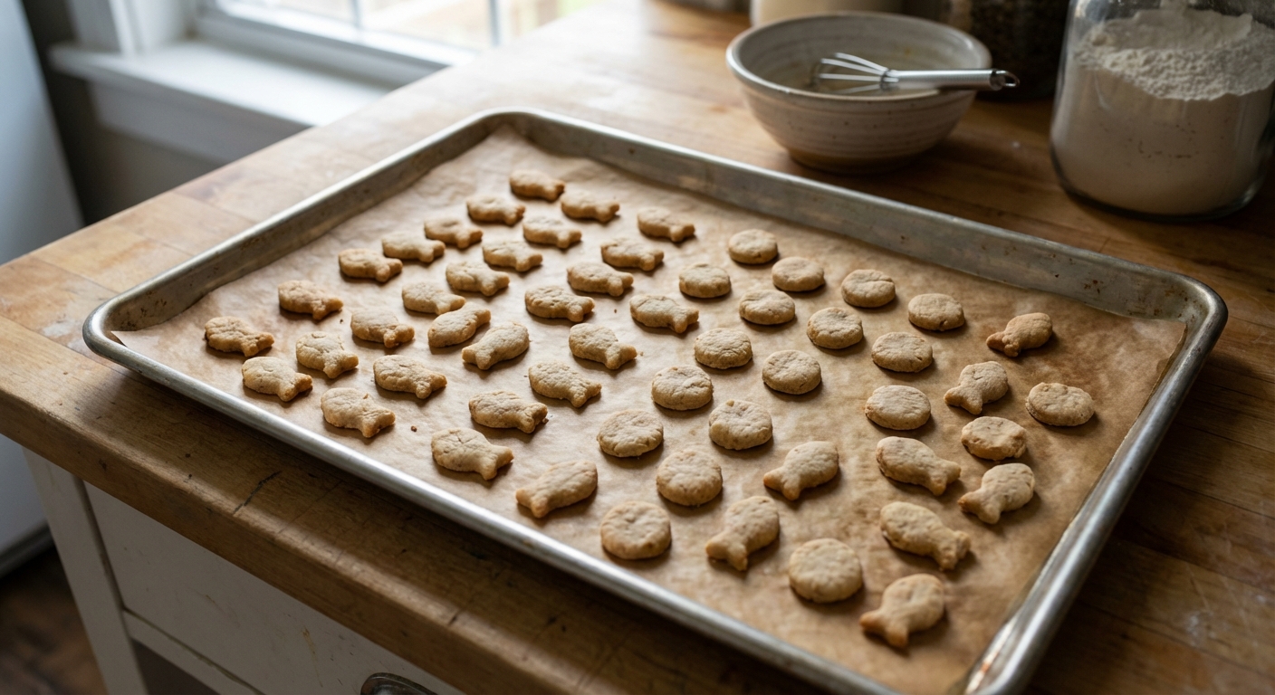 A real photo of small homemade cat treats cooling on a parchment-lined baking sheet on a kitchen counter