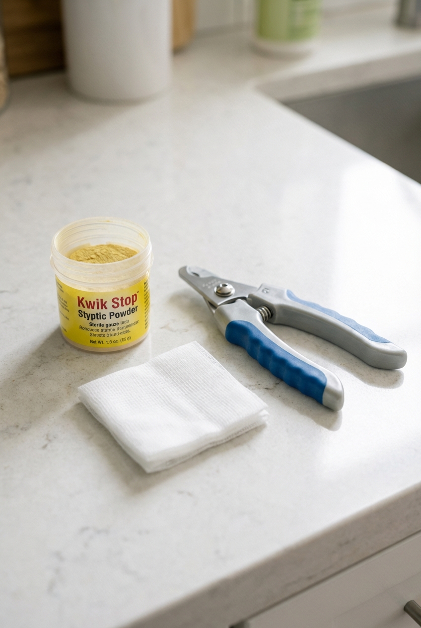 A real photo of styptic powder and gauze on a countertop next to a dog nail clipper
