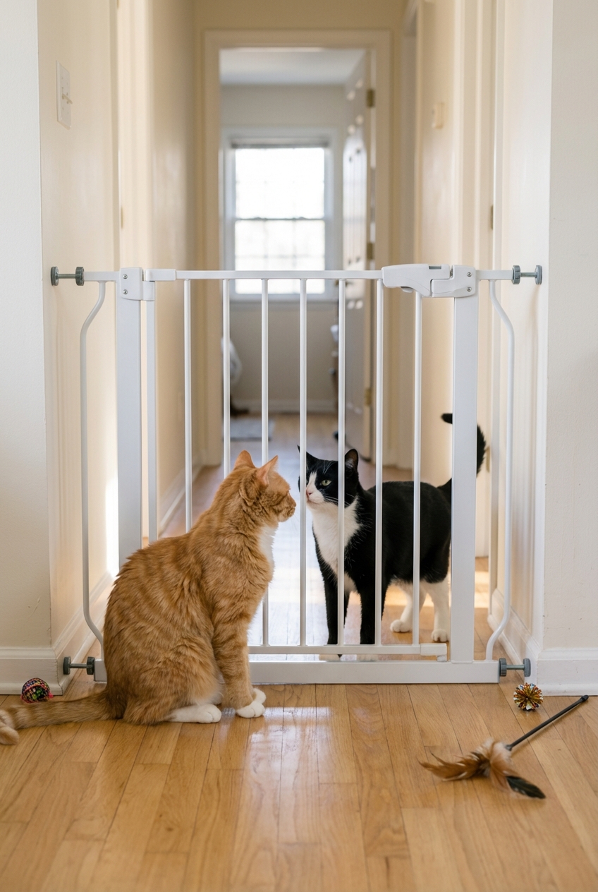 A real photo of two cats looking at each other through a white baby gate in a hallway