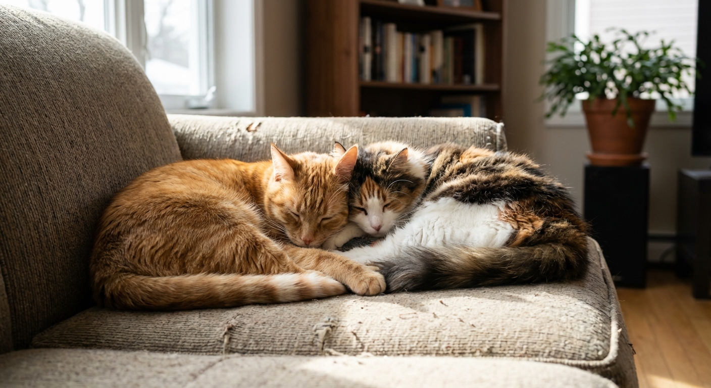 A real photo of two cats resting together on a couch