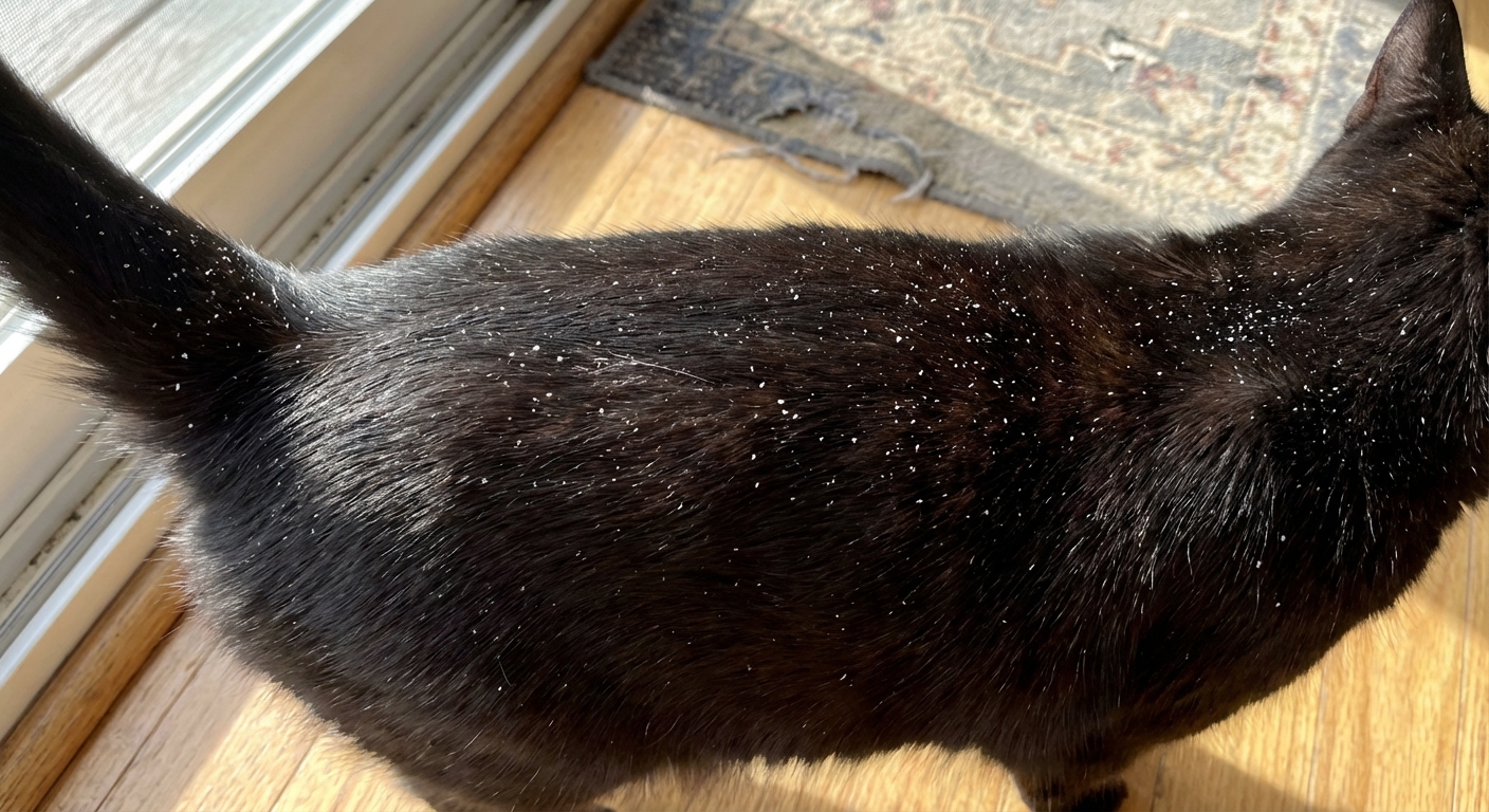 A real photo of white dandruff flakes visible on a dark-coated cat's back in natural light