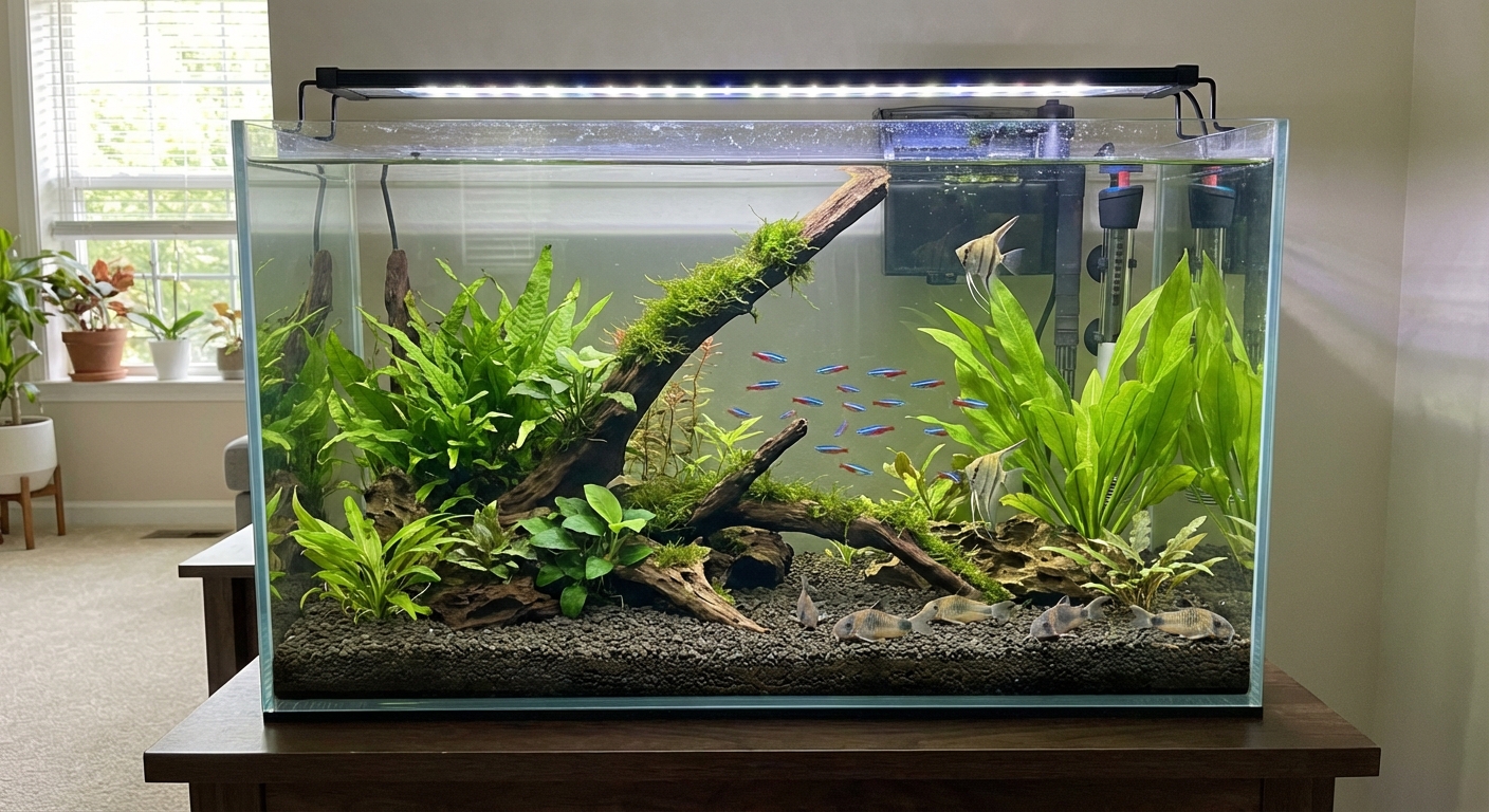 A real photograph of a 20 gallon freshwater aquarium with live plants, driftwood, and open swimming space