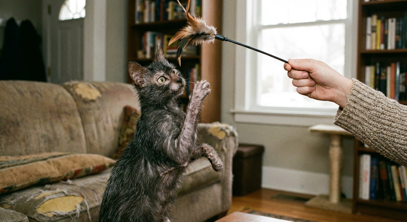 A real photograph of a Lykoi cat reaching up to bat at a feather wand toy held by a person in a living room