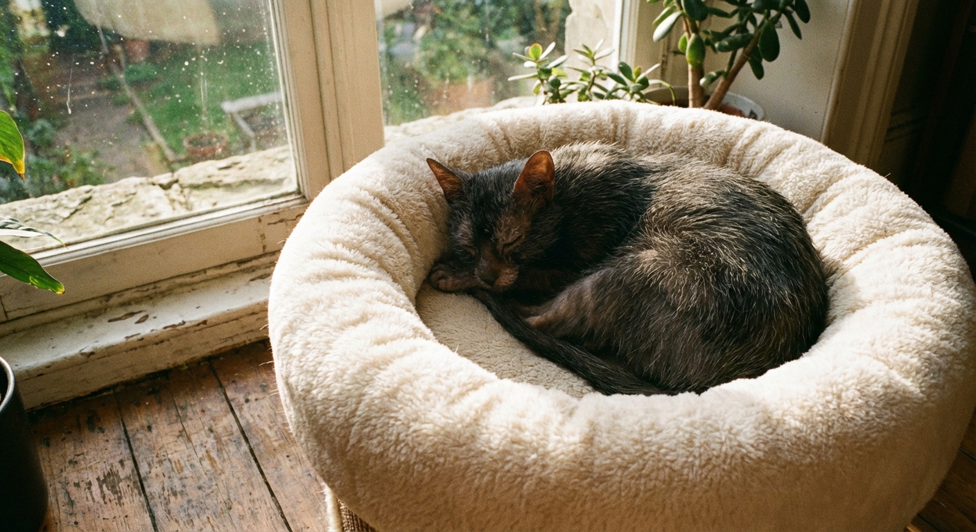 A real photograph of a Lykoi cat resting curled up in a soft plush cat bed near a sunny window