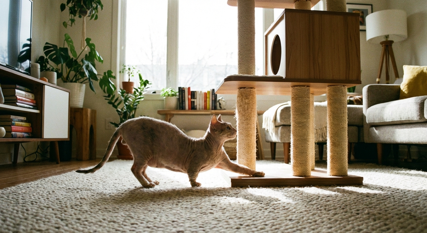 A real photograph of a Minskin cat stretching its short legs on a carpeted floor beside a cat tree in a bright living room
