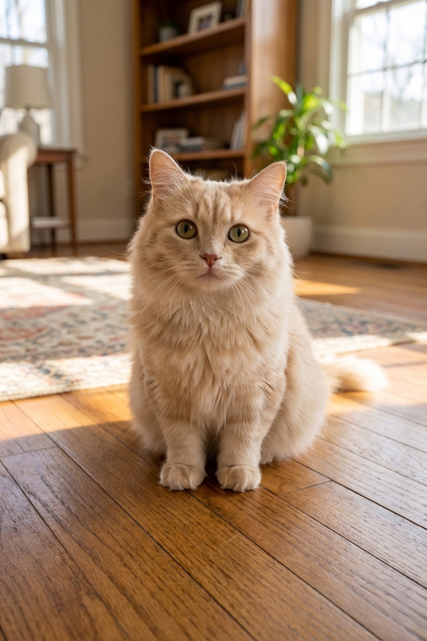 A real photograph of a Munchkin cat sitting upright on a hardwood floor in a sunlit living room, showing clearly shortened legs and a relaxed, curious expression, natural indoor lighting