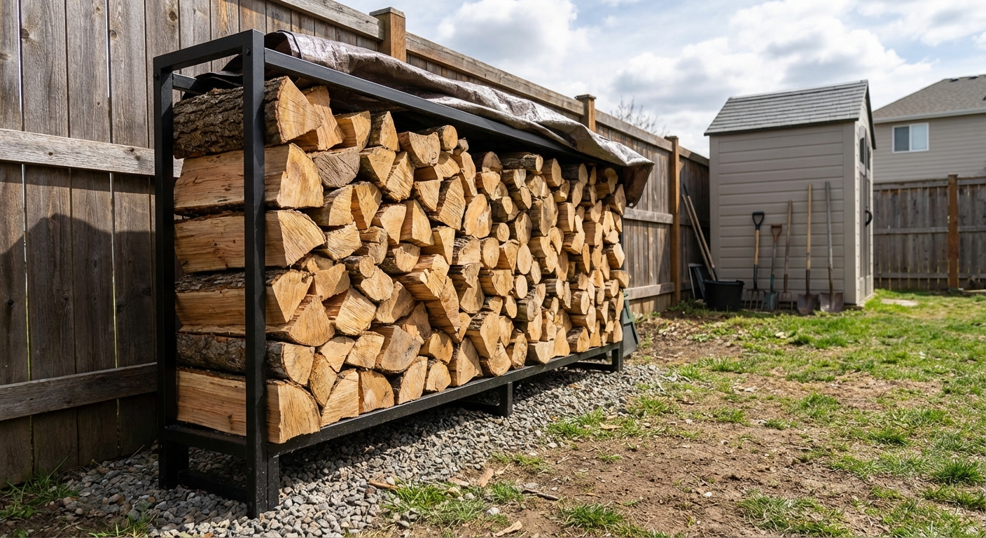 A real photograph of a backyard storage area with a woodpile stacked on a rack away from a house