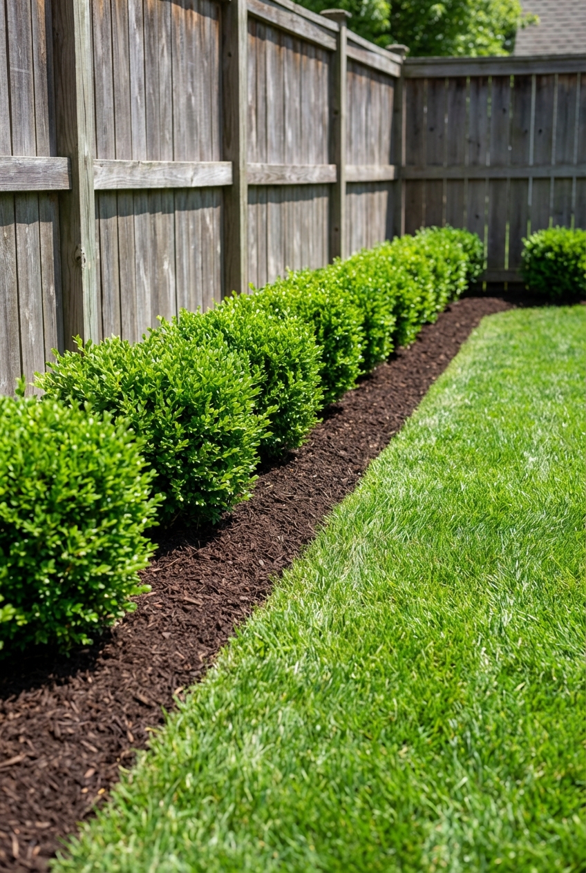 A real photograph of a backyard with short grass, trimmed shrubs, and a clear border of mulch along a fence line