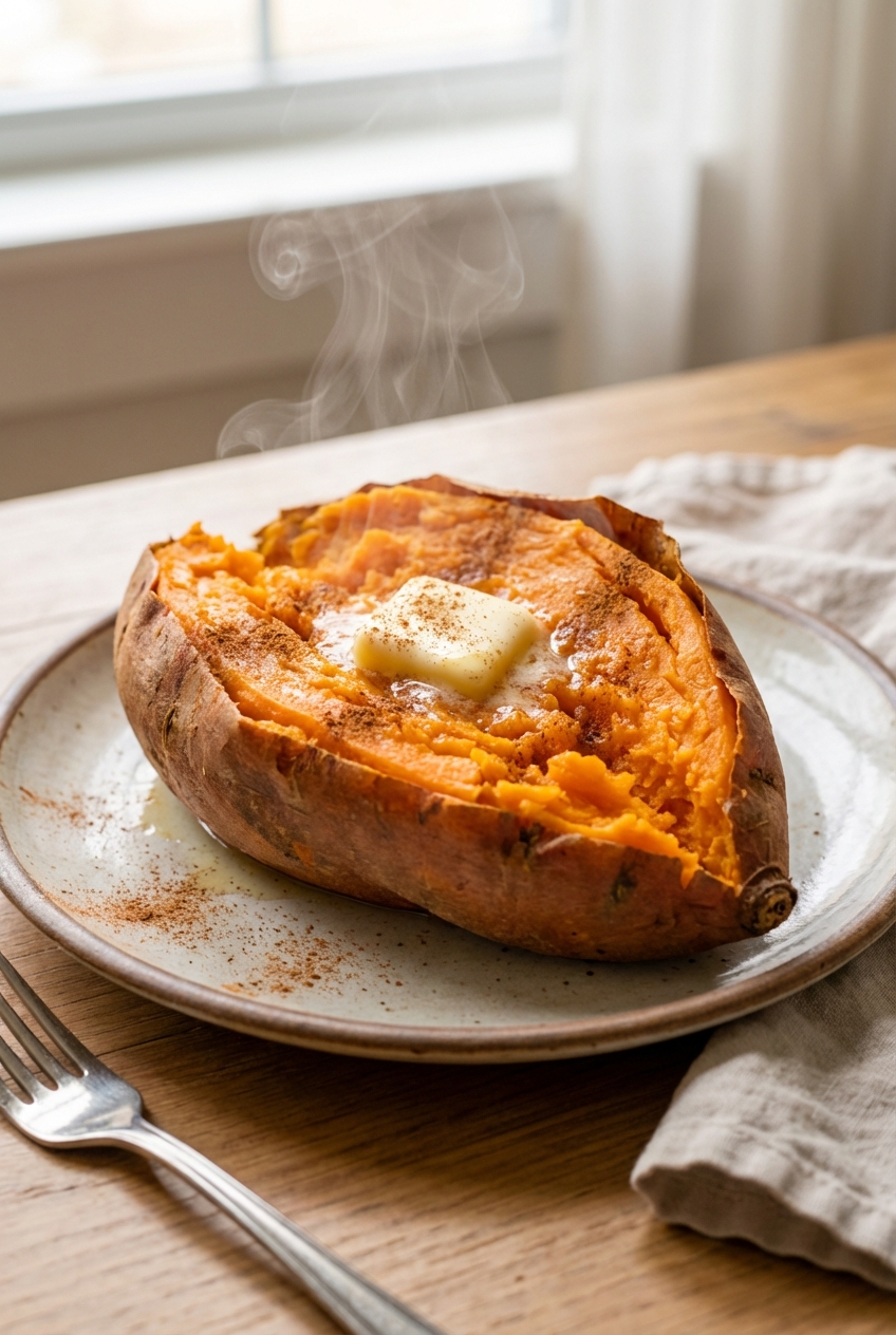 A real photograph of a baked sweet potato cut open on a plate with steam rising