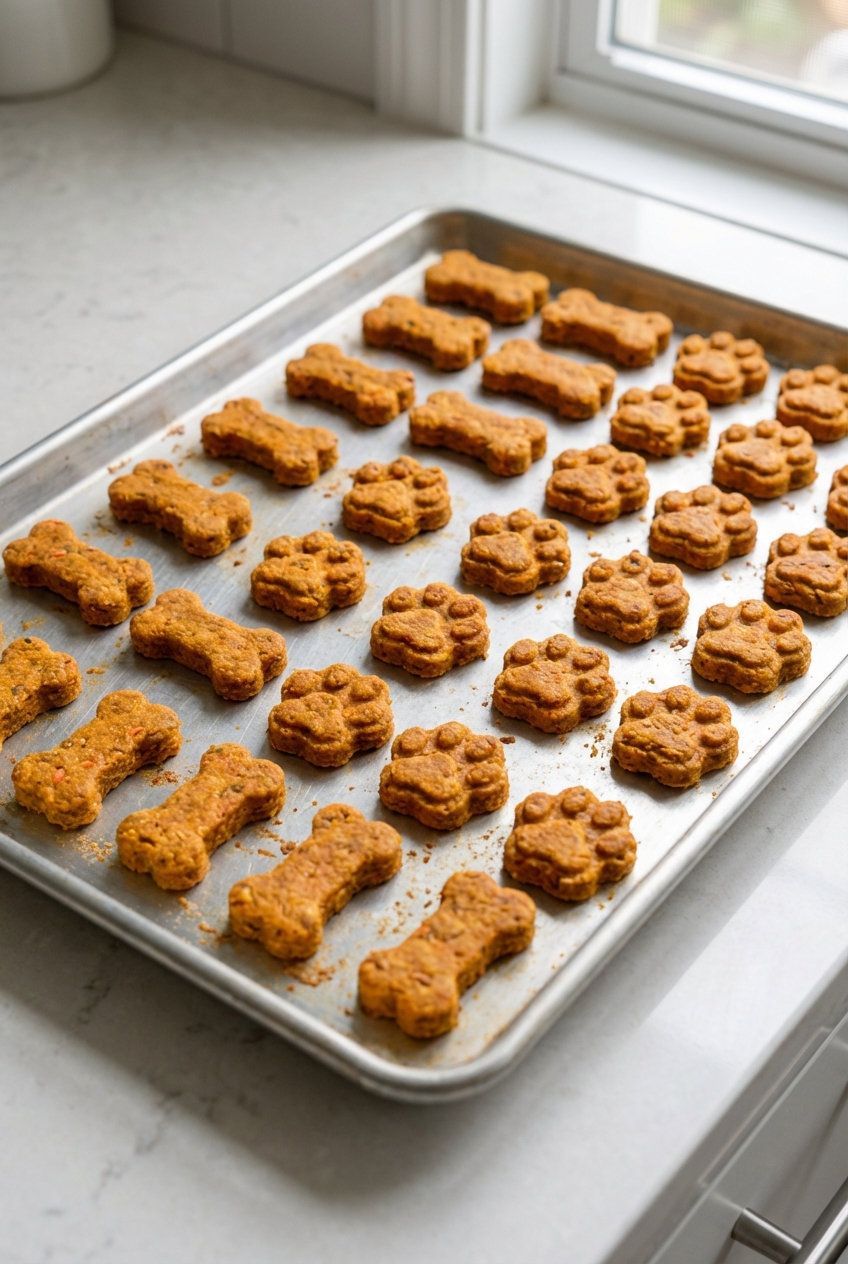 A real photograph of a baking sheet on a kitchen counter holding small homemade dog treats with a slightly orange color from sweet potato and carrots