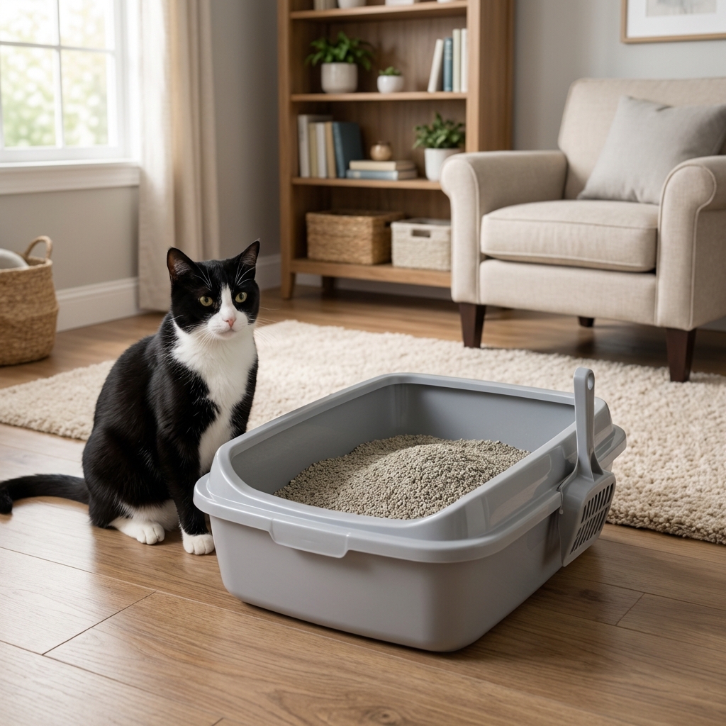 A real photograph of a black-and-white cat sitting beside a clean litter box in a quiet living room