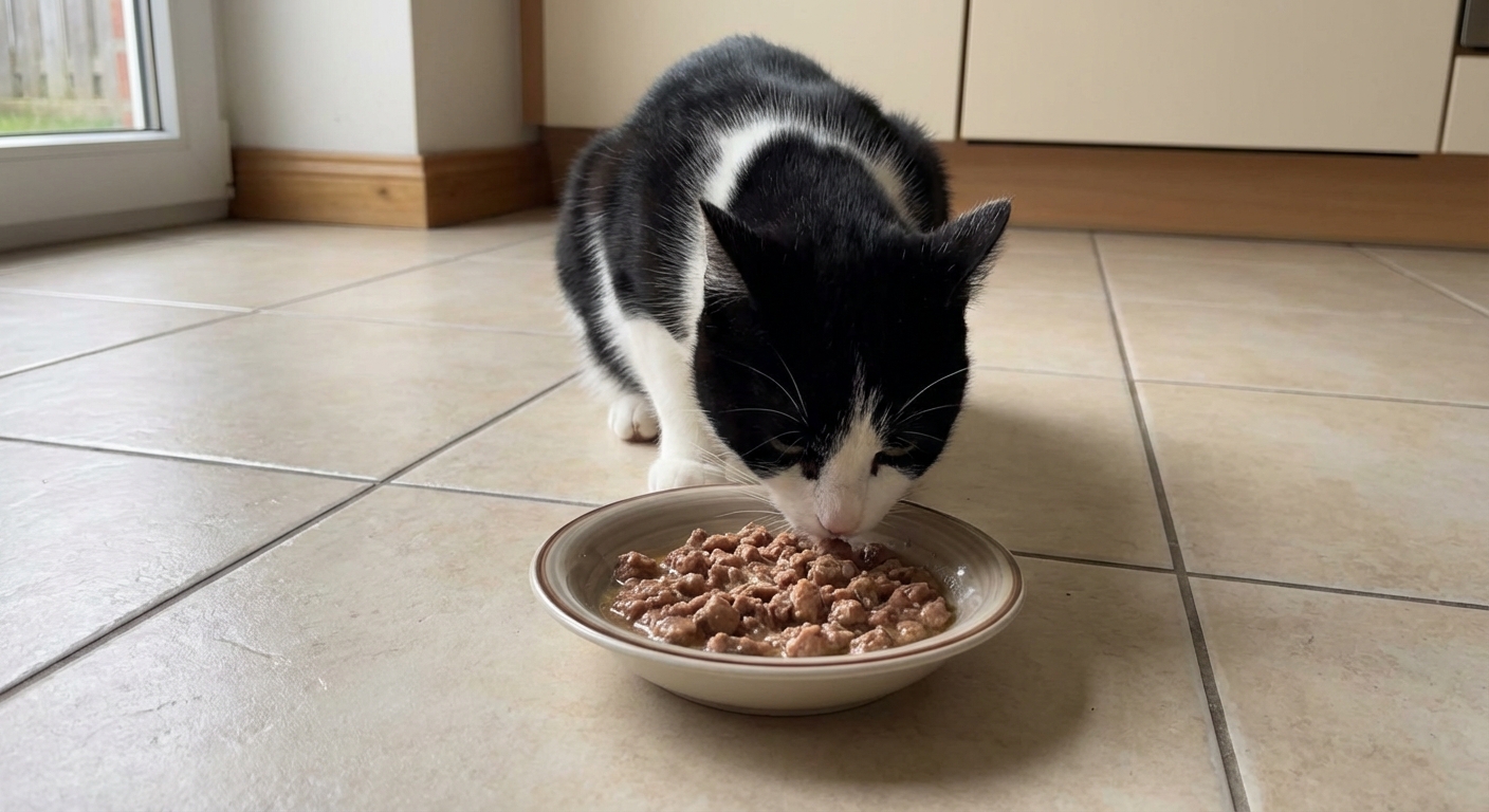 A real photograph of a black-and-white cat sniffing a bowl of wet cat food on a tiled floor