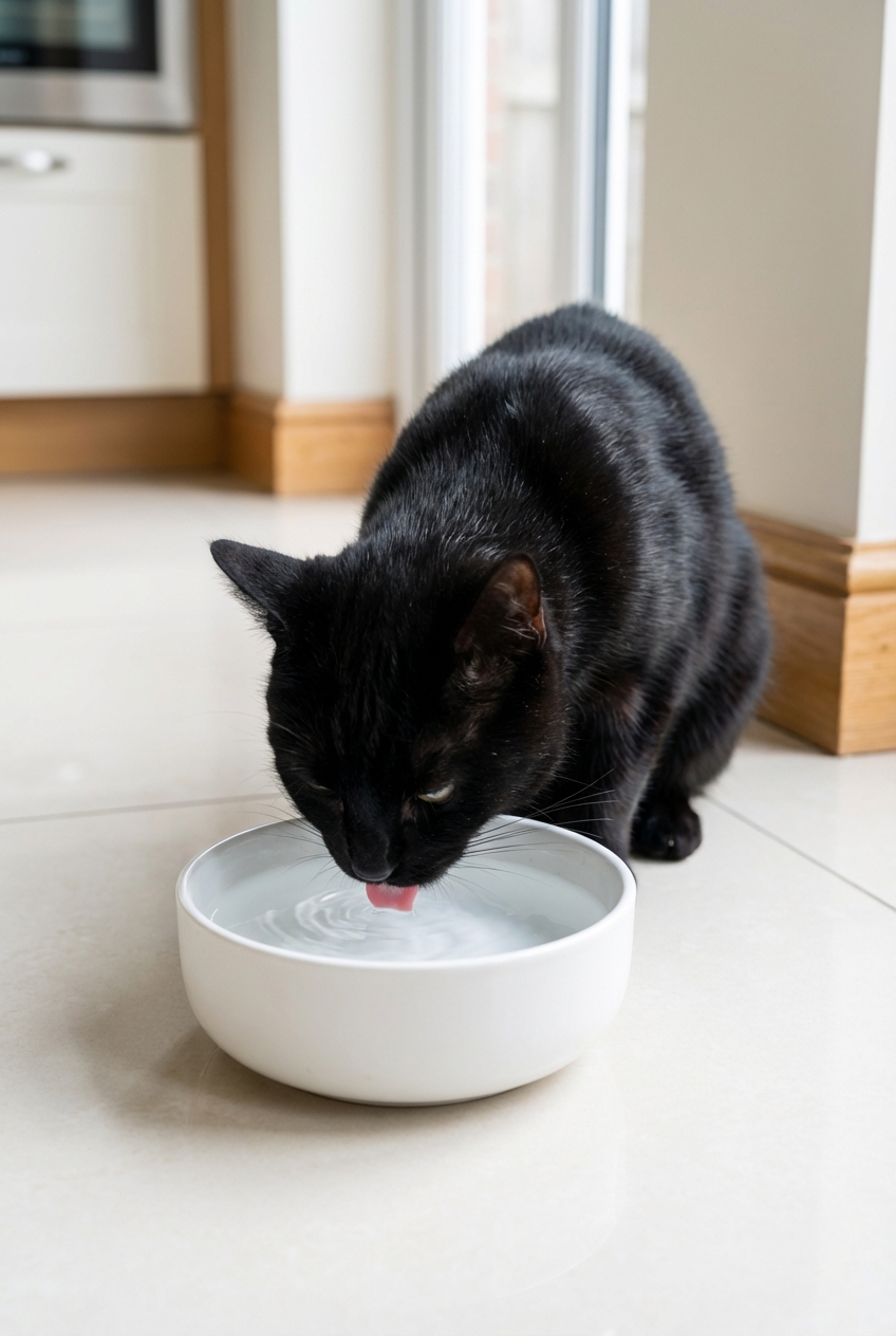 A real photograph of a black cat drinking water from a ceramic bowl on a clean kitchen floor