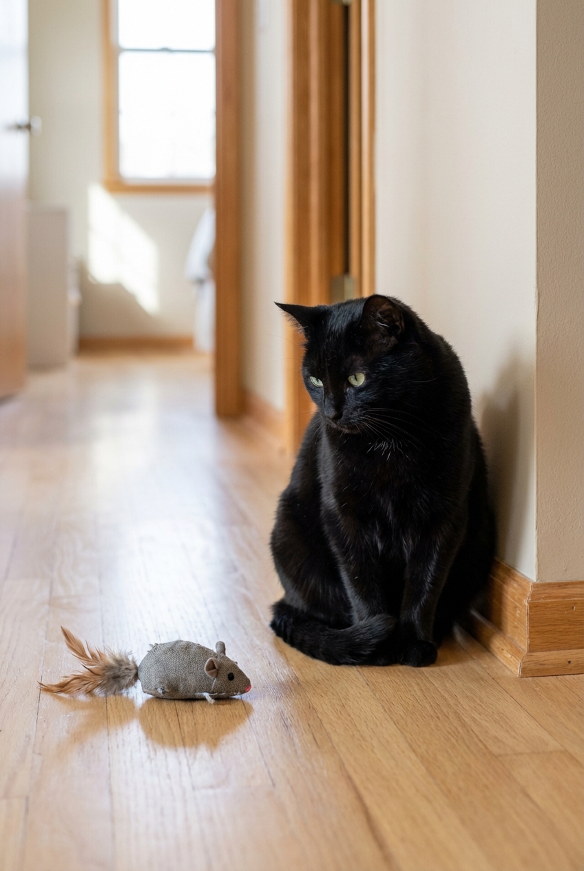A real photograph of a black cat sitting near a hallway while a small toy mouse lies on the floor nearby