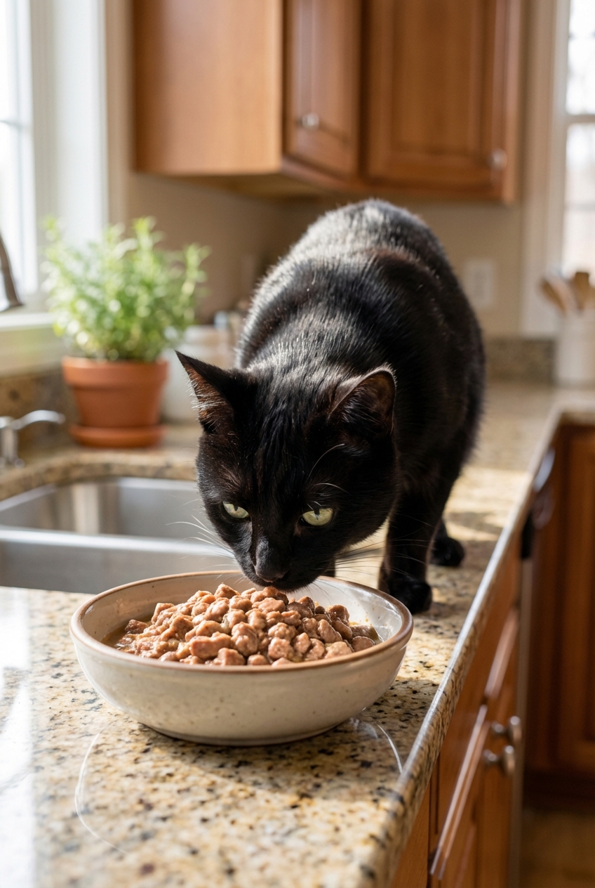 A real photograph of a black cat sniffing a bowl of wet food in a kitchen