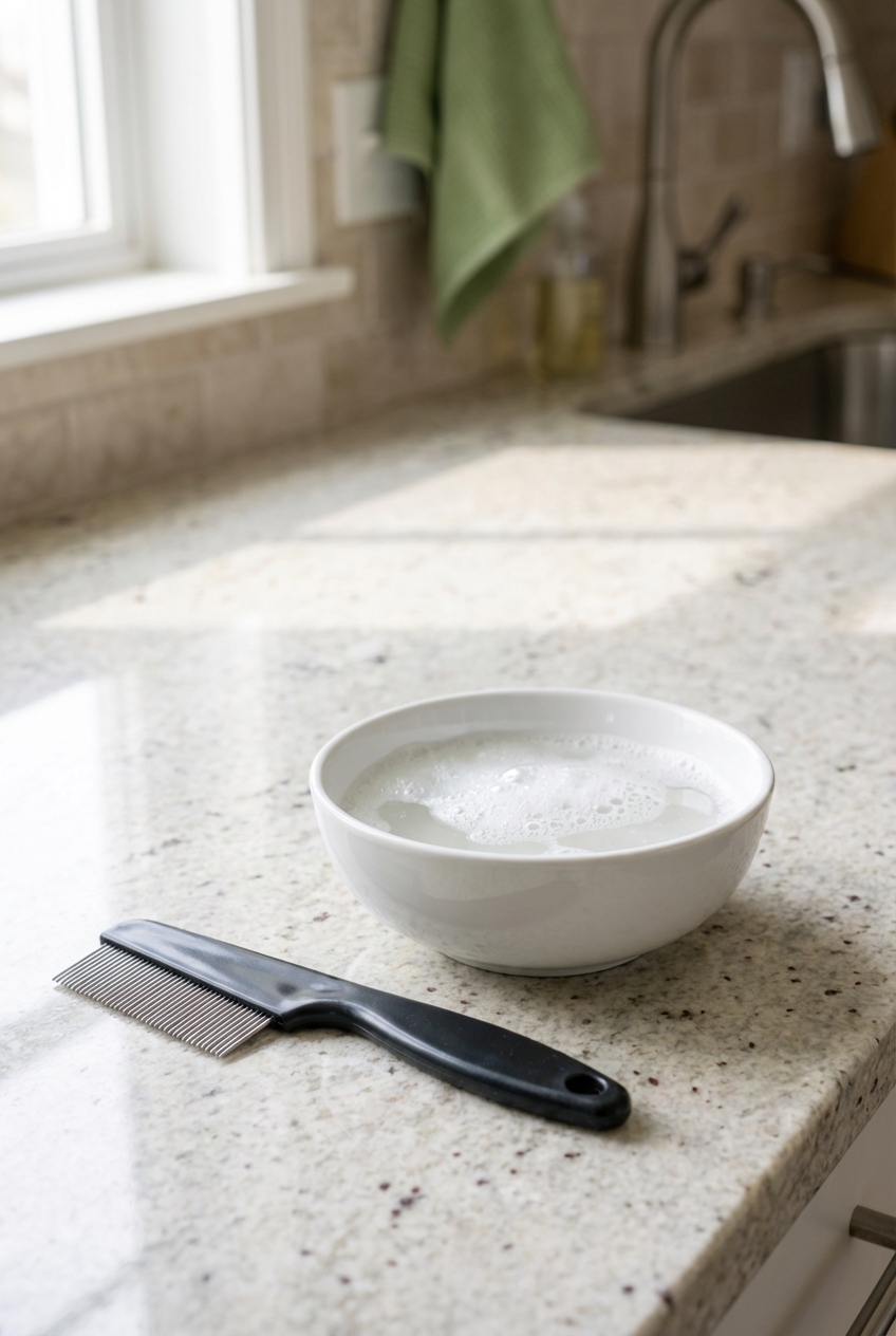 A real photograph of a black flea comb resting beside a small bowl of soapy water on a kitchen counter