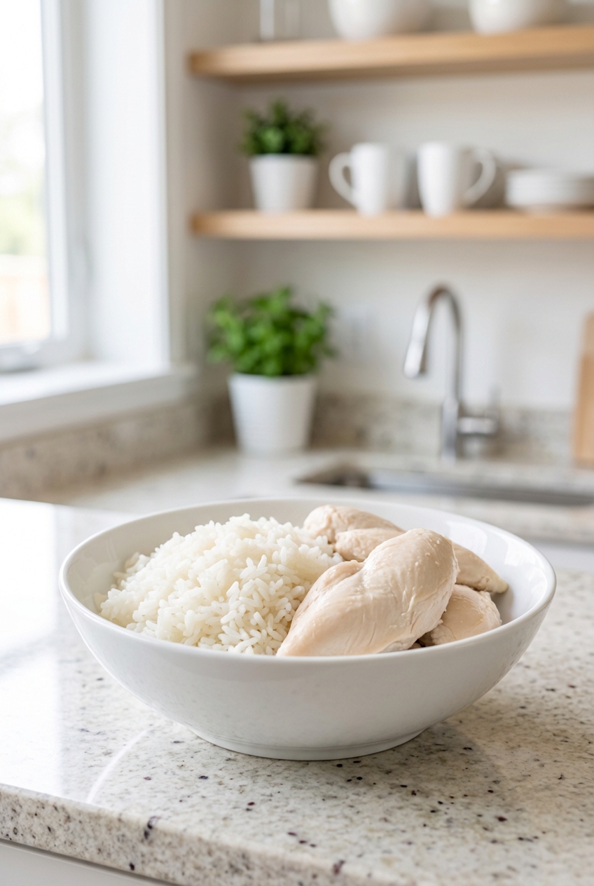 A real photograph of a bowl containing plain boiled chicken and white rice on a kitchen counter