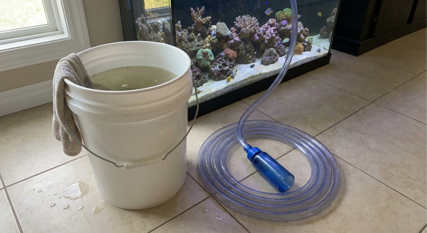 A real photograph of a bucket of saltwater next to a siphon hose during a water change in a home aquarium