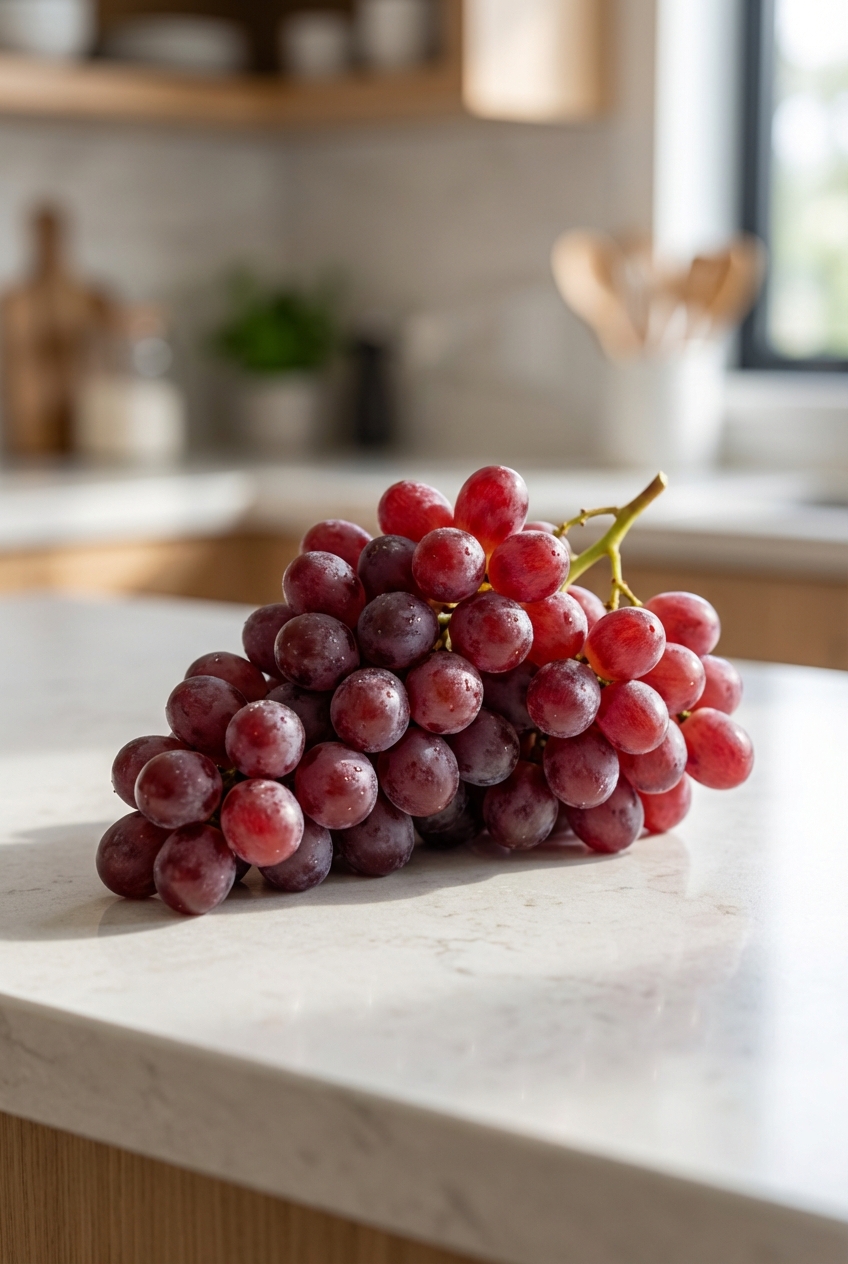 A real photograph of a bunch of red grapes on a kitchen counter