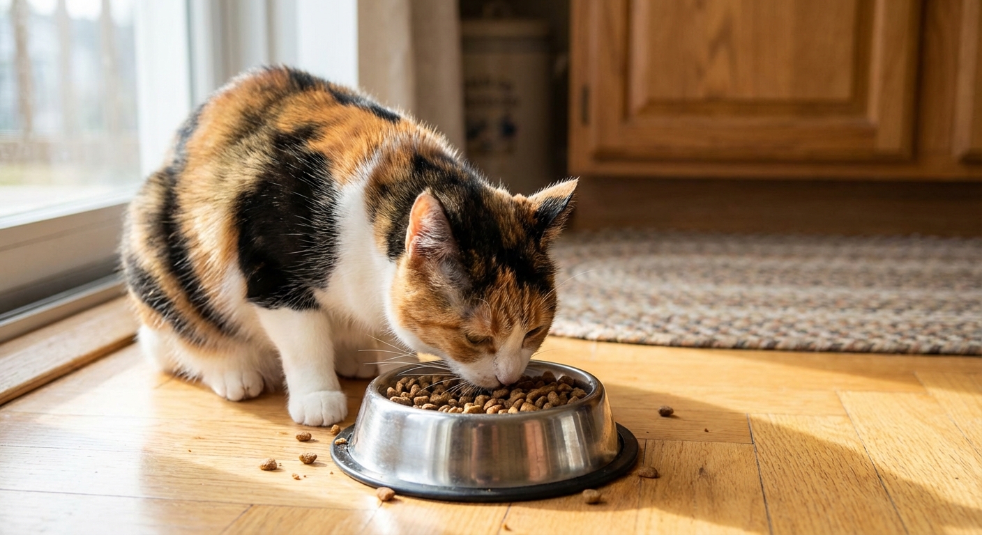 A real photograph of a calico cat eating dry kibble from a stainless steel bowl in a home setting
