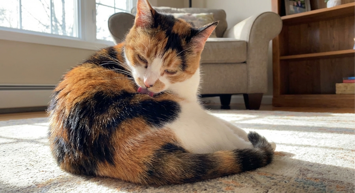 A real photograph of a calico cat grooming itself, showing distinct color patches on the shoulder and back
