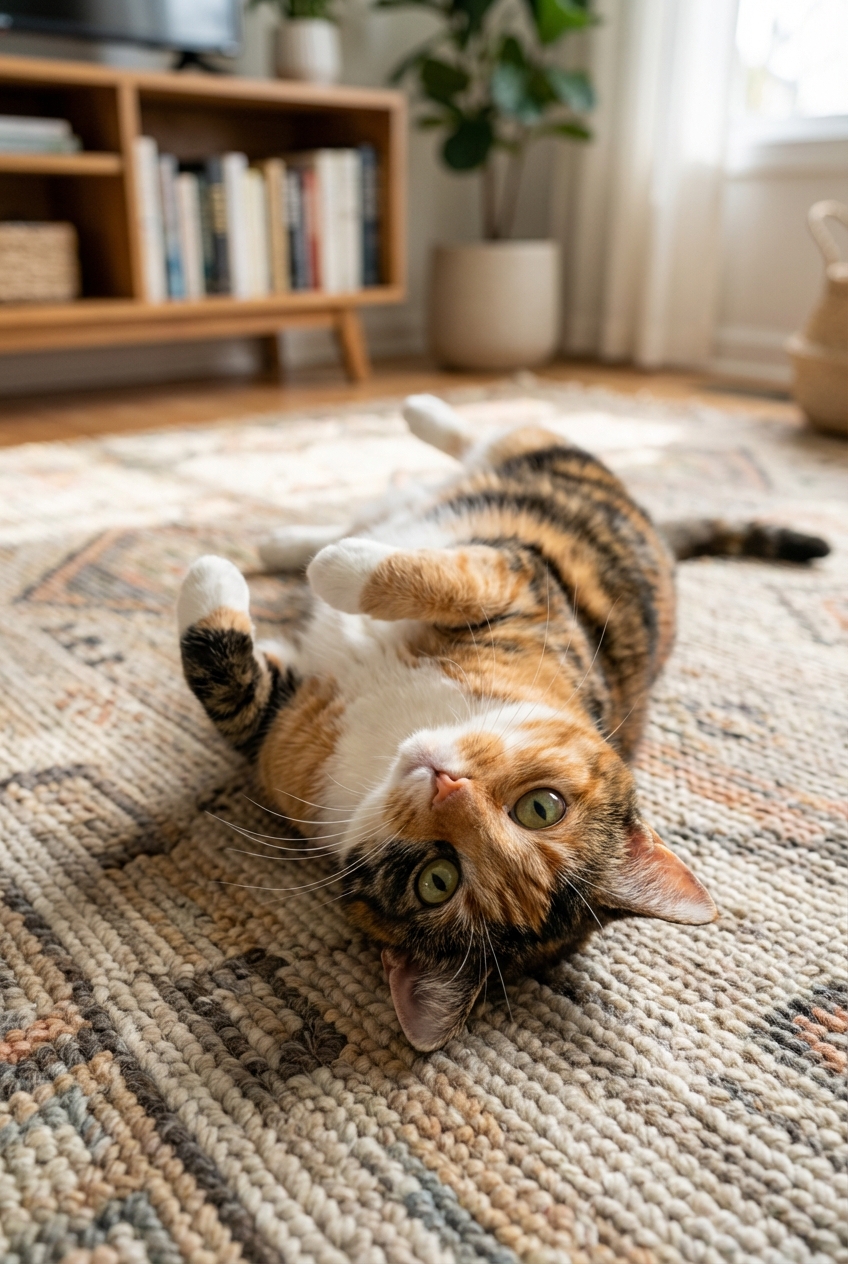 A real photograph of a calico cat rolling on a living room rug while looking up toward the camera