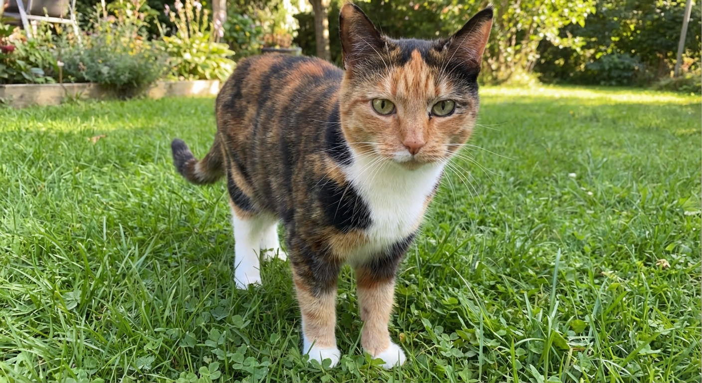 A real photograph of a calico cat standing on grass with white paws and a white chest visible
