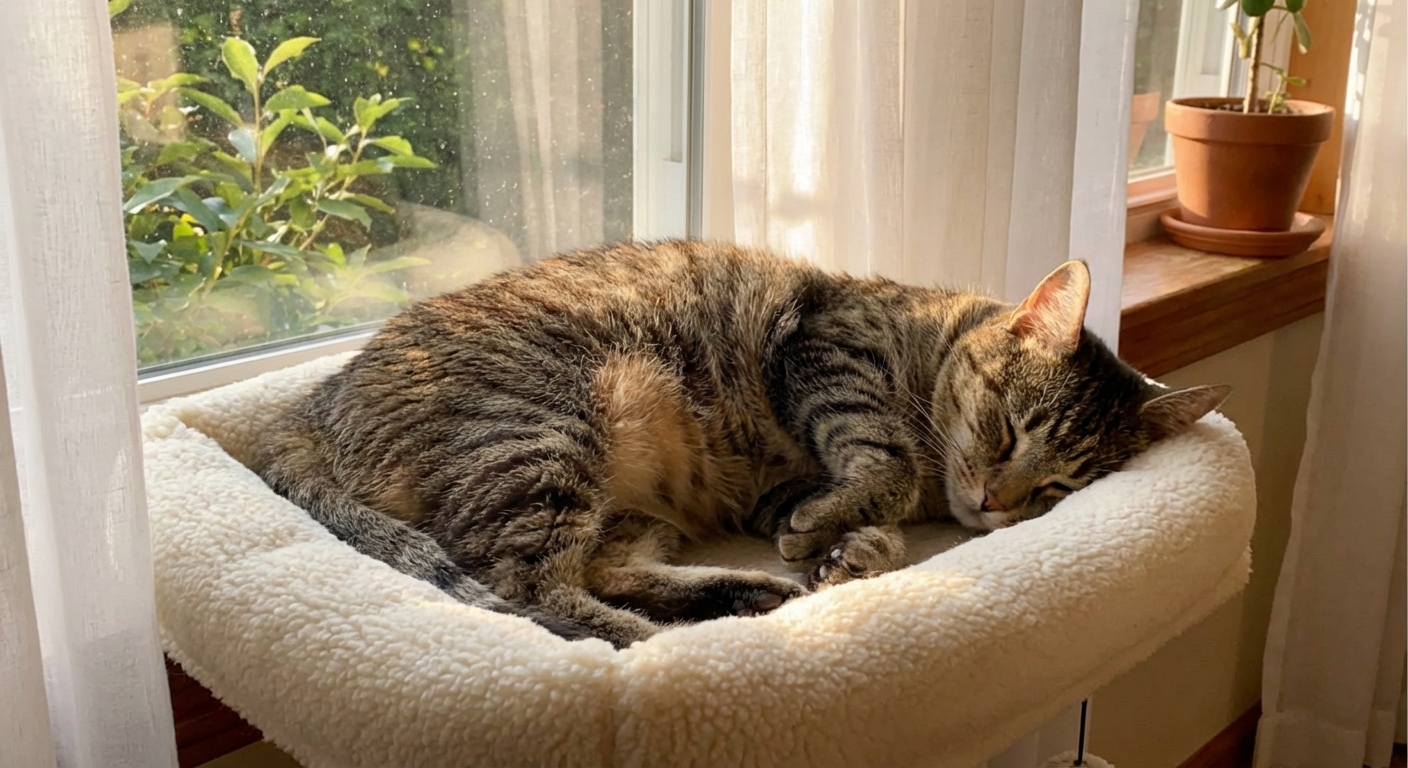 A real photograph of a calm cat resting in a clean bed while sunlight comes through a window