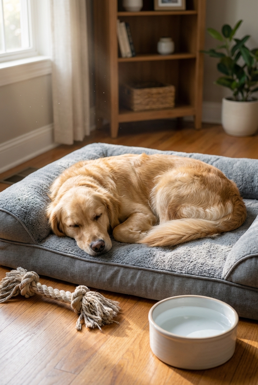 A real photograph of a calm female dog lying on a dog bed at home while a toy and a water bowl sit nearby