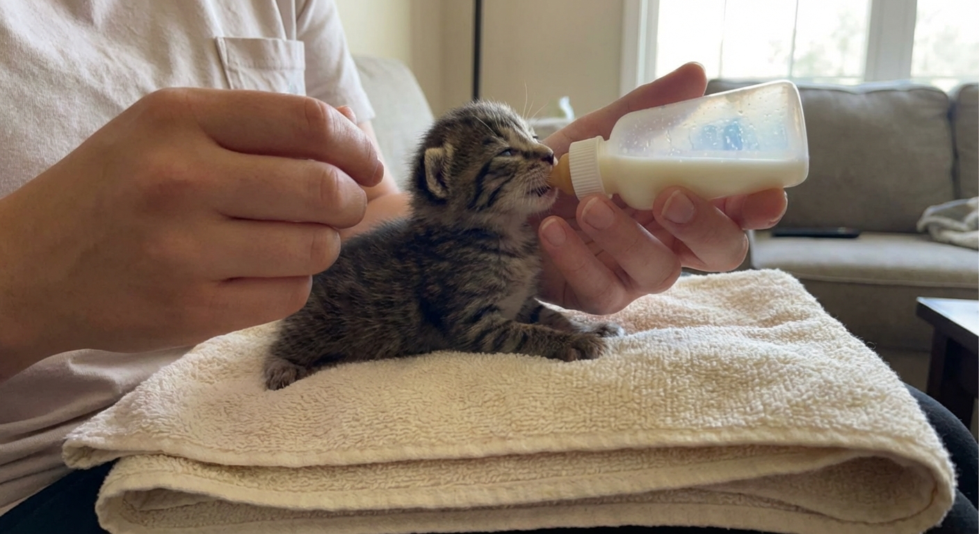 A real photograph of a caregiver bottle-feeding a newborn kitten held belly-down on a towel with a small kitten bottle