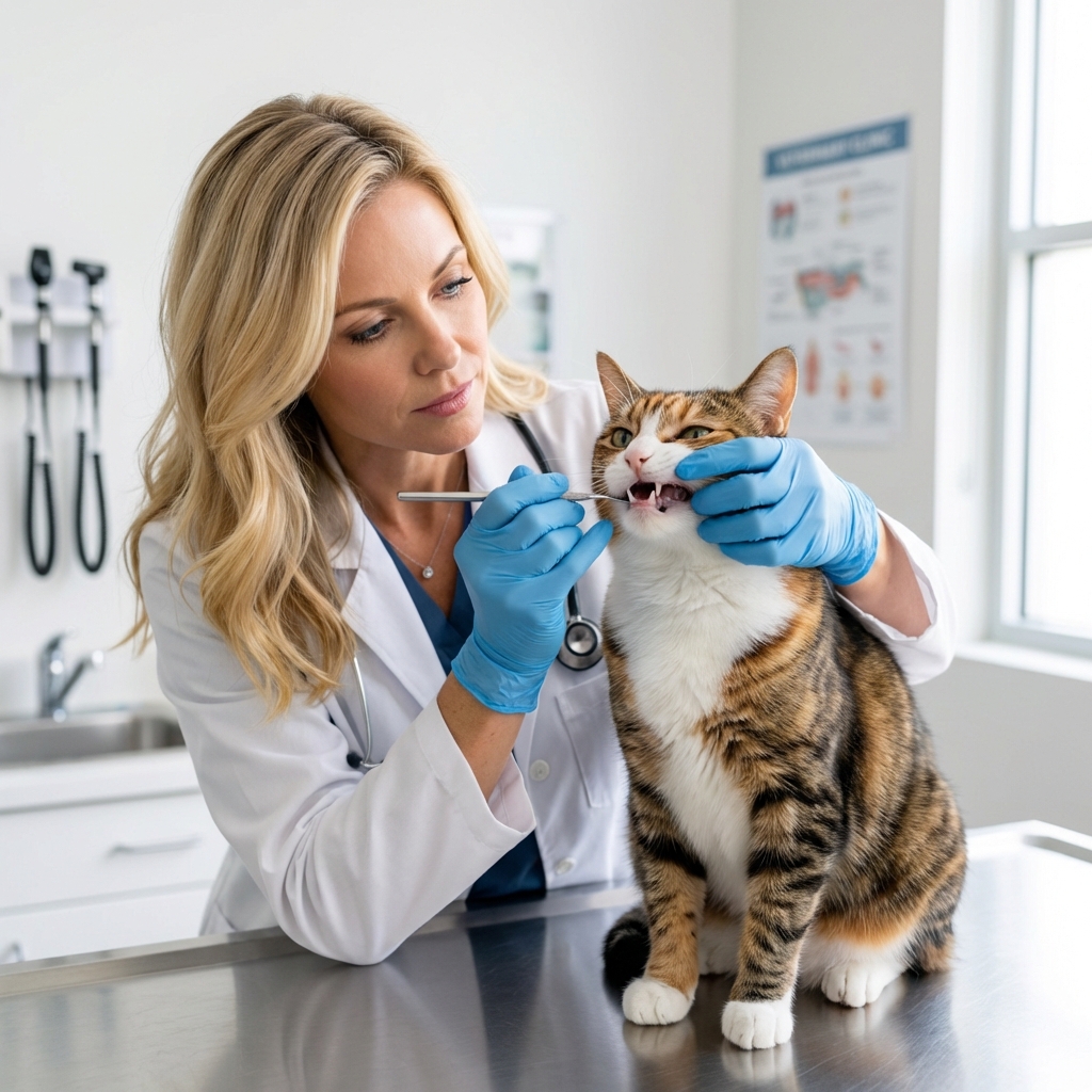 A real photograph of a cat at a veterinary clinic having its mouth gently examined by a gloved veterinary professional