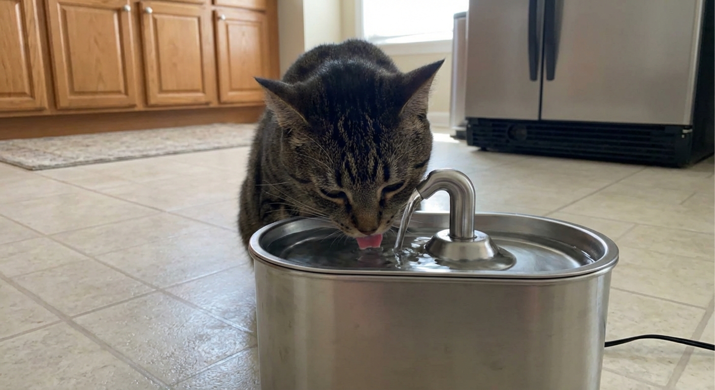 A real photograph of a cat drinking from a stainless steel water fountain on a kitchen floor