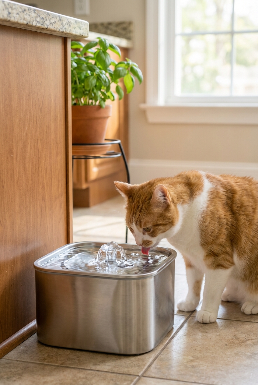 A real photograph of a cat drinking from a stainless-steel pet water fountain in a kitchen